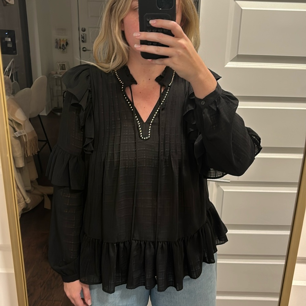 black ruffle long sleeve blouse with silver studs